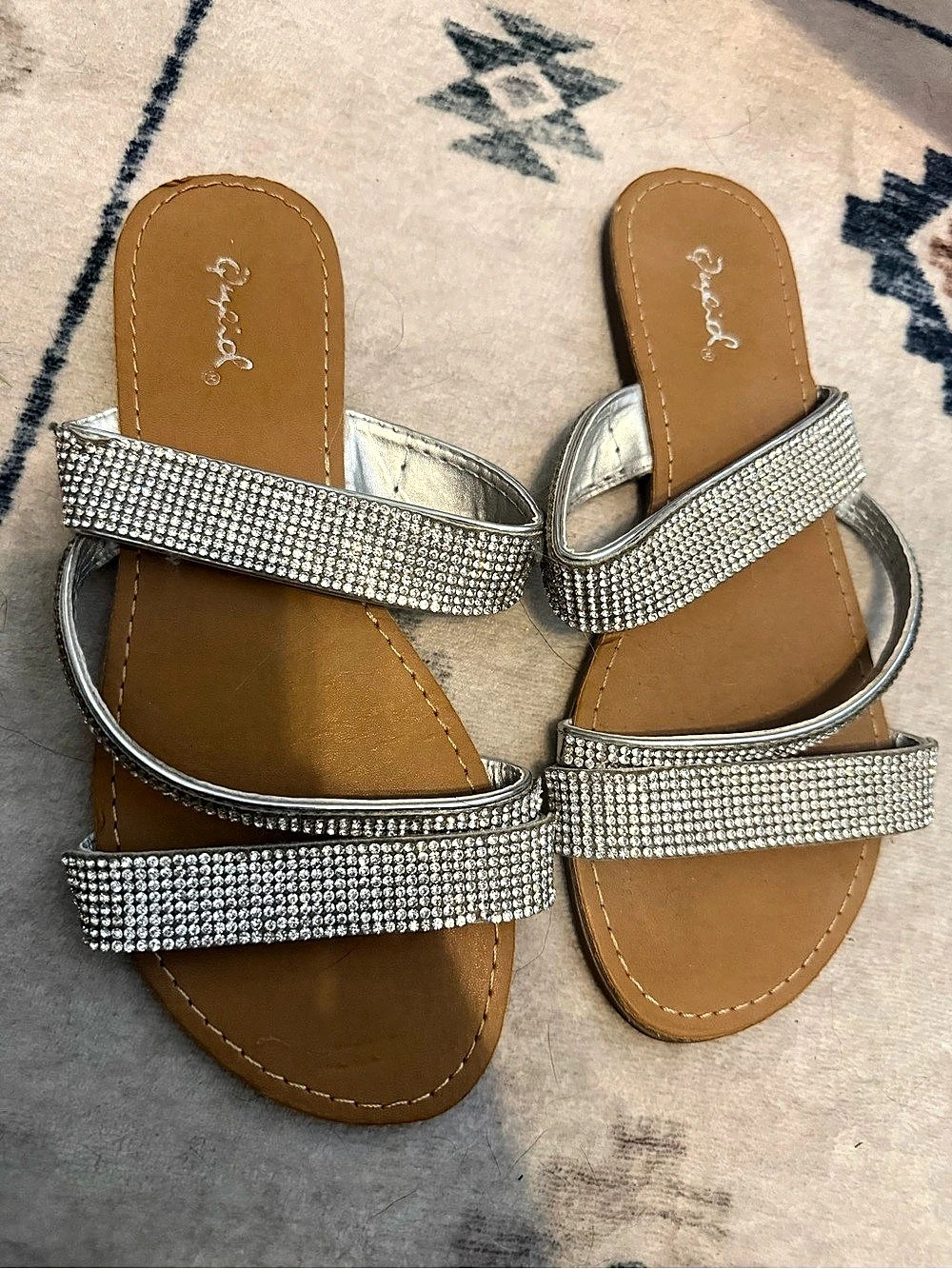 Qupid Rhinestone Slide Sandals in Silver & Brown